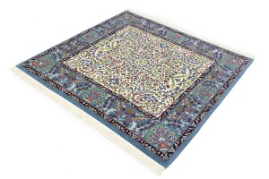 Cream Blue Floral 5X5 Kirman Oriental Square Rug