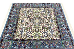 Cream Blue Floral 5X5 Kirman Oriental Square Rug