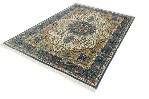 Cream & Blue Floral 6'5X9'2 Kirman Oriental Rug