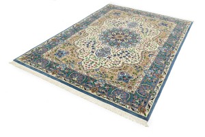 Cream & Blue Floral 6'5X9'2 Kirman Oriental Rug