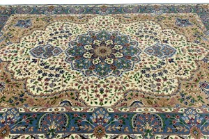 Cream & Blue Floral 6'5X9'2 Kirman Oriental Rug