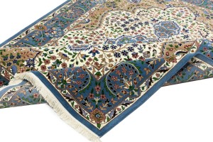 Cream & Blue Floral 6'4X9'1 Kirman Oriental Rug