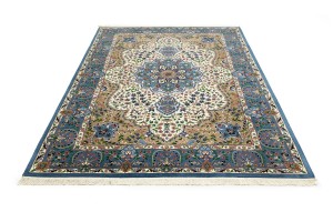 Cream & Blue Floral 6'4X9'1 Kirman Oriental Rug