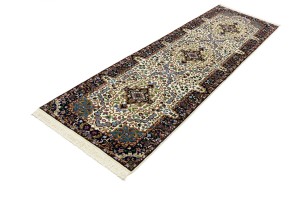 Cream & Navy Floral 3X10 Kirman Oriental Runner Rug
