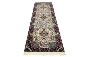 Cream & Navy Floral 3X10 Kirman Oriental Runner Rug