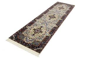 Cream & Navy Floral 3X10 Kirman Oriental Runner Rug