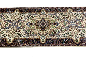 Cream & Navy Floral 3X10 Kirman Oriental Runner Rug