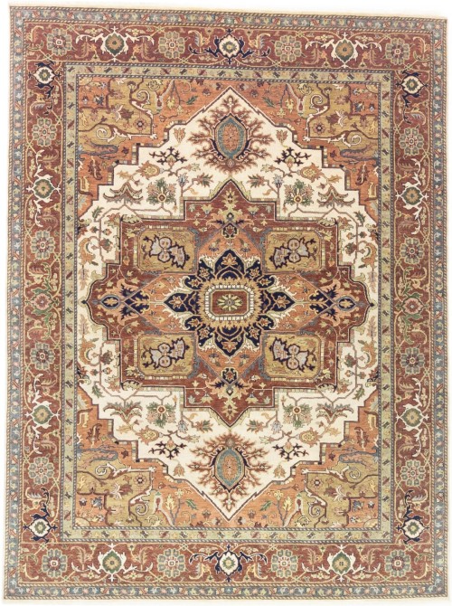 Cream Geometric 9X12 Heriz Serapi Oriental Rug