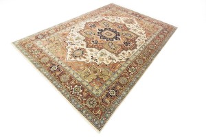 Cream Geometric 10X14 Heriz Serapi Oriental Rug