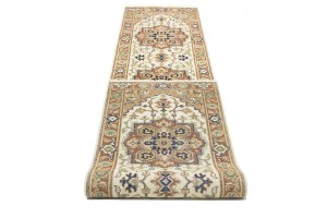 Cream Geometric 3X12 Heriz Serapi Oriental Runner Rug