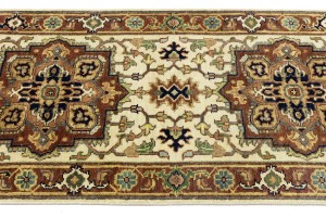Cream Geometric 3X12 Heriz Serapi Oriental Runner Rug