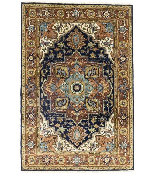 Dark Navy Geometric 4X6 Heriz Serapi Oriental Rug