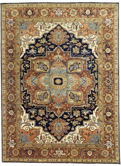 Dark Navy Geometric 9X12 Heriz Serapi Oriental Rug