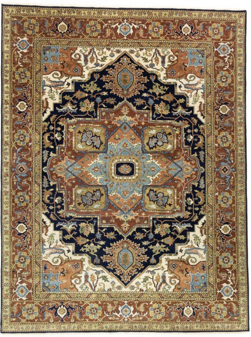 Dark Navy Geometric 9X12 Heriz Serapi Oriental Rug