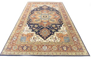 Dark Navy Geometric 10X14 Heriz Serapi Oriental Rug
