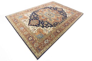 Dark Navy Geometric 10X14 Heriz Serapi Oriental Rug