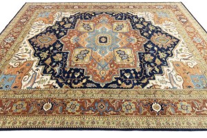 Dark Navy Geometric 12X15 Heriz Serapi Oriental Rug