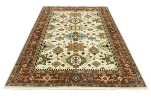Cream & Rust Tribal Geometric 6X9 Indo-Karajeh Oriental Rug