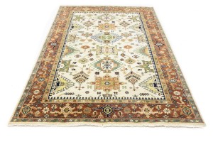 Cream & Rust Tribal Geometric 6X9 Indo-Karajeh Oriental Rug