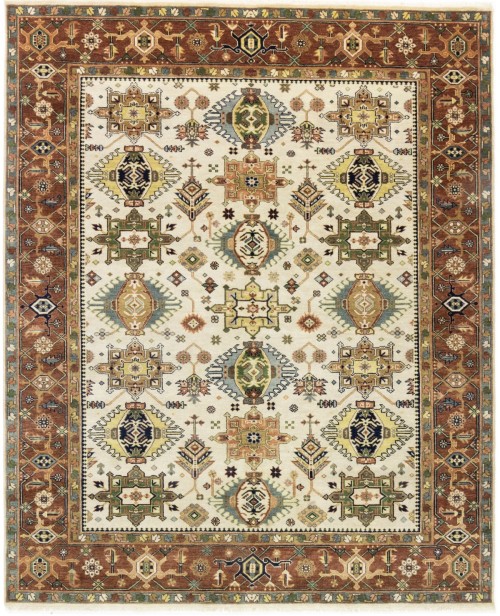 Cream & Rust Tribal Geometric 8X10 Indo-Karajeh Oriental Rug