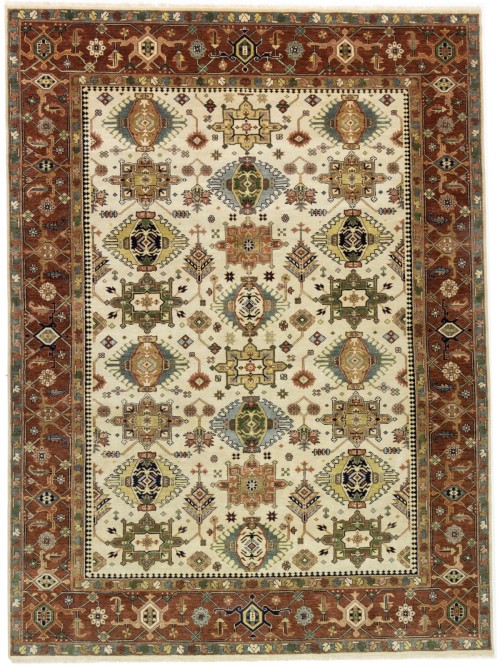 Cream & Rust Tribal Geometric 9X12 Indo-Karajeh Oriental Rug