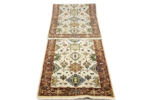 Cream & Rust Tribal Geometric 3X10 Indo-Karajeh Oriental  Runner Rug