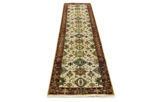 Cream & Rust Tribal Geometric 3X10 Indo-Karajeh Oriental  Runner Rug