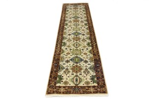 Cream & Rust Tribal Geometric 3X10 Indo-Karajeh Oriental  Runner Rug