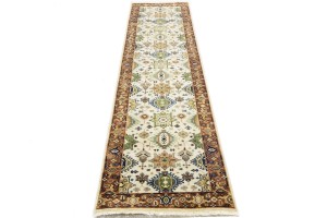 Cream & Rust Tribal Geometric 3X10 Indo-Karajeh Oriental  Runner Rug