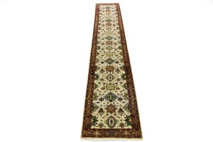 Cream & Rust Tribal Geometric 3X14 Indo-Karajeh Oriental  Runner Rug