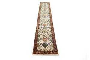 Cream & Rust Tribal Geometric 3X14 Indo-Karajeh Oriental  Runner Rug