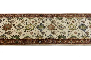 Cream & Rust Tribal Geometric 3X14 Indo-Karajeh Oriental  Runner Rug