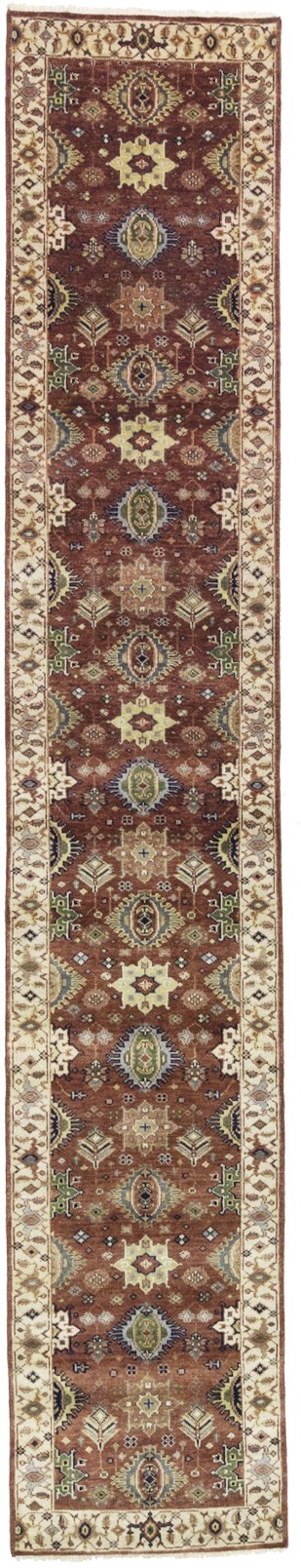 Rust & Cream Tribal Geometric 2'6X13'9 Indo-Karajeh Oriental Runner Rug