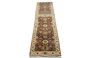 Rust & Cream Tribal Geometric 2'5X13'9 Indo-Karajeh Oriental Runner Rug