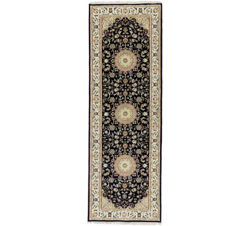 Dark Navy Floral 3X8 Indo-Nain Oriental Runner Rug