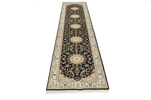 Dark Navy Floral 3X12 Indo-Nain Oriental Runner Rug