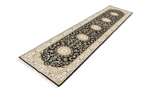 Dark Navy Floral 3X12 Indo-Nain Oriental Runner Rug