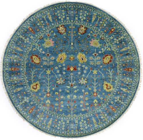 Blue Floral 8X8 Osh Chobi Oriental Round Rug