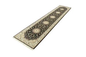 Black Floral 3X12 Indo-Nain Oriental Runner Rug