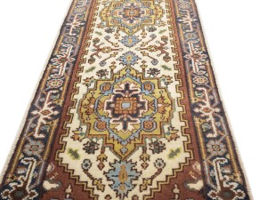 Cream Floral 2'6X15'5 Heriz Serapi Oriental Runner Rug