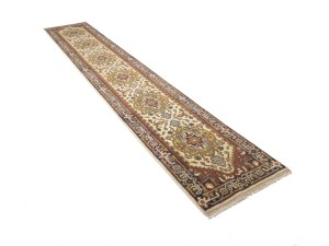 Cream Floral 2'6X15'5 Heriz Serapi Oriental Runner Rug