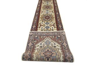 Cream Floral 3X19 Heriz Serapi Oriental Runner Rug