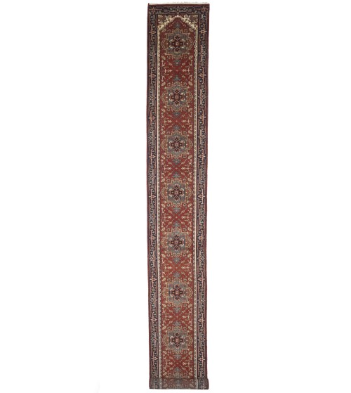 Orange-red Floral 2'6X19'7 Heriz Serapi Oriental Runner Rug