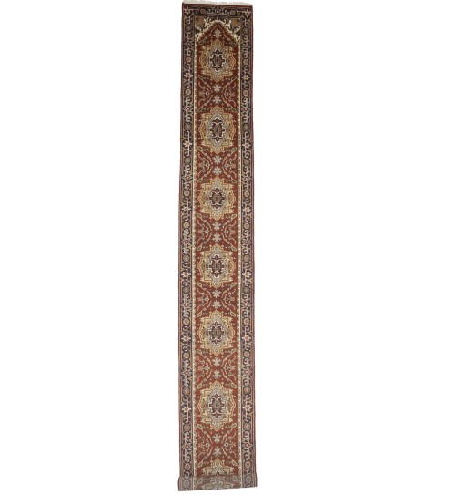 Orange-red Floral 2'6X20'3 Heriz Serapi Oriental Runner Rug