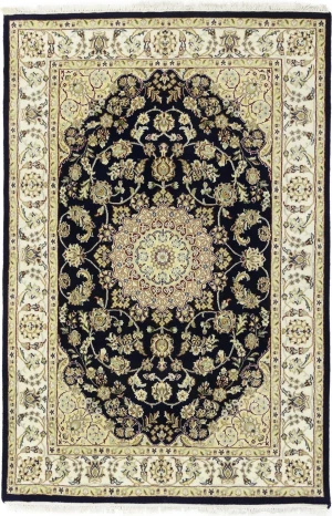 Dark Navy Floral 4X6 Indo-Nain Oriental Rug