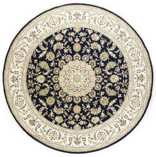 Dark Navy Floral 8X8 Indo-Nain Oriental Round Rug