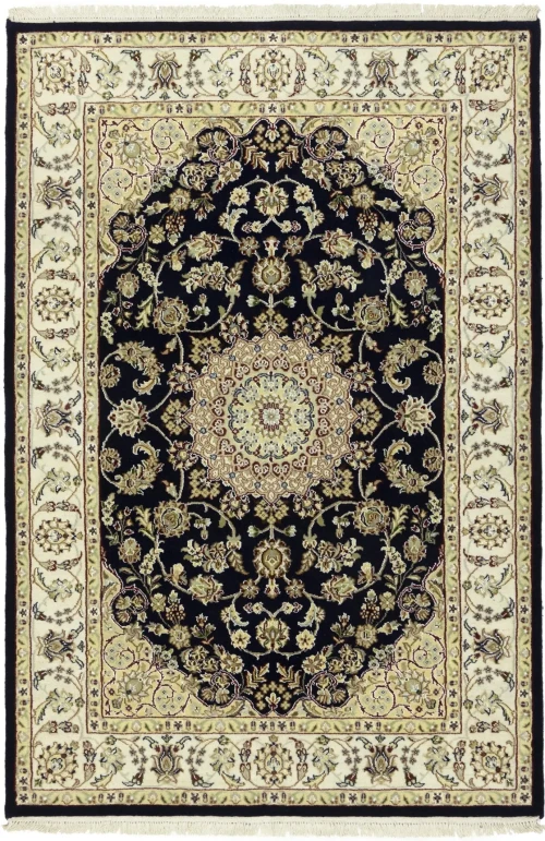 Dark Navy Floral 4X6 Indo-Nain Oriental Rug