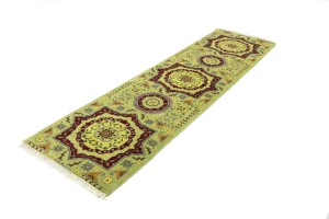 Light Lime Green Floral 2'7X9'7 Heriz Serapi Oriental Runner Rug