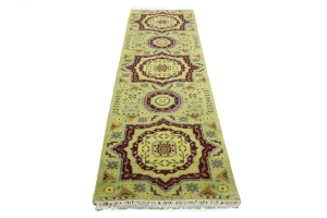 Light Lime Green Floral 2'7X9'7 Heriz Serapi Oriental Runner Rug
