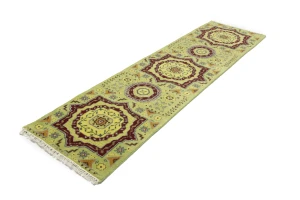 Light Lime Green Floral 2'7X9'7 Heriz Serapi Oriental Runner Rug